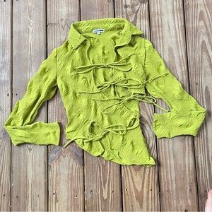 Fashion Nova Lime Green Tie Front Textured Blouse Cutout Long Sleeve Top